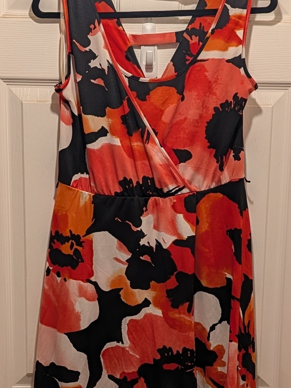 Sleeveless Floral Wrap-Front Midi Dress in Red, Orange & Black